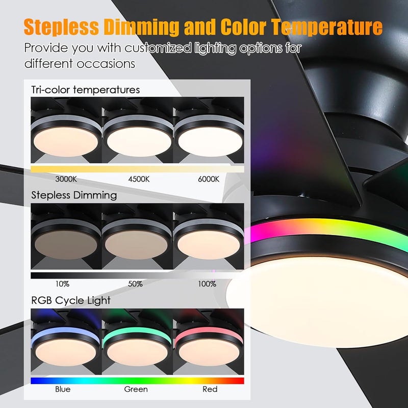 Asyko Black RGB Ceiling Fan with Light and Remote/APP Control - 46" Flush Mount Low Profile Fan Light, 6 Speeds 3CCT and Reversible, Indoor Ceiling Fan for Bedroom, Party - Image 2
